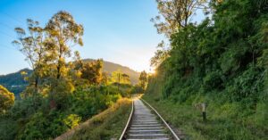 Serene morning view of railway tracks amidst lush greenery in Sri Lanka.